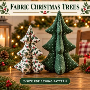 Pode incluir: Duas árvores de Natal de tecido, uma menor com fundo branco e padrão de azevinho verde e bagas vermelhas, e uma maior em verde sólido com bolinhas brancas. O texto diz FABRIC CHRISTMAS TREES e 2-SIZE PDF SEWING PATTERN.