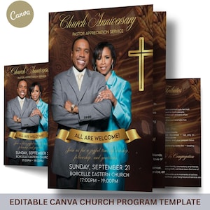 May include: A church anniversary program template with a gold cross and the text "Church Anniversary Pastor Appreciation Service." The design features a couple and the words "All Are Welcome!" in gold.