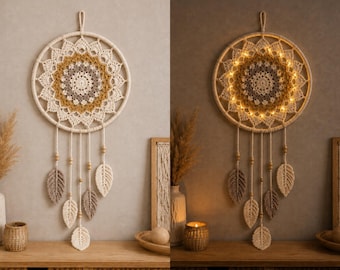 LED Dream Catcher Crochet Pattern with Fairy Lights, Boho Wall Hanging PDF, Mandala Crochet Decor, Photo-Guided DIY Pattern