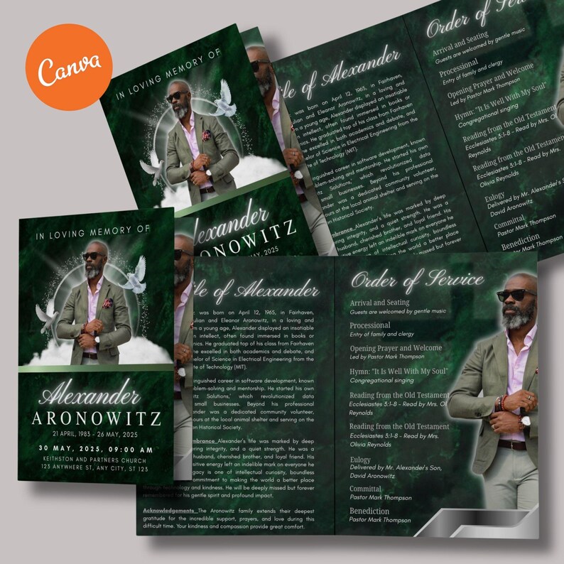 Green and Black Funeral Program Template: Elegant Memorial, Celebration ...