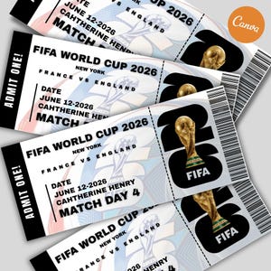 May include: Several FIFA World Cup 2026 tickets are displayed, featuring the text "FIFA WORLD CUP 2026" and "FRANCE VS ENGLAND." Each ticket includes the date "JUNE 12-2026" and the words "MATCH" and "ADMIT ONE!" A golden trophy is also visible.