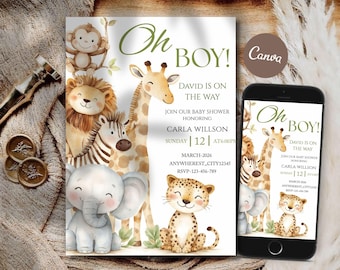 Invitación para baby shower con temática de safari - Invitación imprimible y editable con temática de la jungla para niños Wild One - Tamaño 04 5x7 pulgadas, editable en Canva