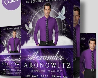 Plantilla de memorial funerario de 8 páginas, color morado con nubes, programa de obituario de 17 x 11, plegable, en memoria amorosa, elegante celebración de la vida, Canva