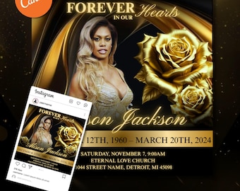 Invitación funeraria en negro y dorado / Volante conmemorativo digital, obituario, en memoria de un ser querido, celebración de la vida / Plantilla de Canva