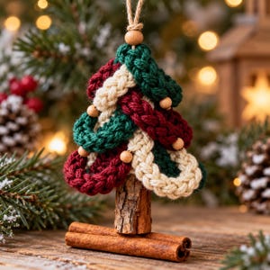 May include: A Christmas tree ornament crafted from braided dark green, cream, and burgundy yarn loops arranged in a triangular shape. The tree features small wooden beads between the layers, a natural wood trunk, and a cinnamon stick base.