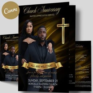 May include: A black and gold Church Anniversary Pastor Appreciation Service flyer. The flyer features a couple in formal attire, a gold cross, and the text "All Are Welcome!" The event is on Sunday, September 21, at Borcelle Eastern Church.