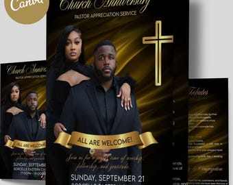 Plantilla para programa de aniversario de la iglesia, color negro y dorado, agradecimiento al pastor, plegable (editable en Canva)