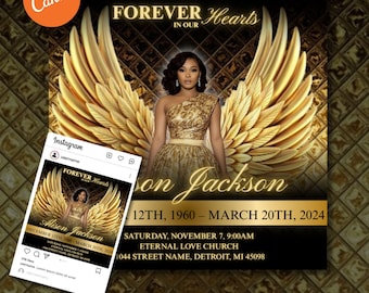 Black And Gold Funeral Announcement Invitation | Digital Memorial Flyer, Obituary, In Loving Memory, Celebration of Life | Canva Template