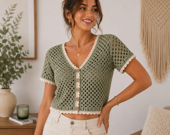 Sage Meadow Crochet Top Pattern PDF, Button Front Summer Top, V Neck Crochet Cardigan Pattern, Women's Crochet Shirt XS-3XL