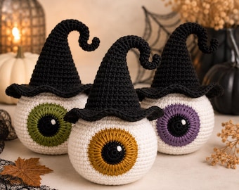 Witch Hat Eyeball Crochet Pattern, Halloween Amigurumi Eyeball, Curled Witch Hat Plush, Spooky Crochet PDF, Beginner Friendly Pattern