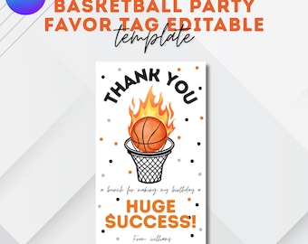 Etiqueta editable para recuerdos de fiesta de baloncesto, etiqueta imprimible de agradecimiento para cumpleaños de niño con temática deportiva, etiqueta de regalo descargable para invitados, descarga instantánea en Canva temp