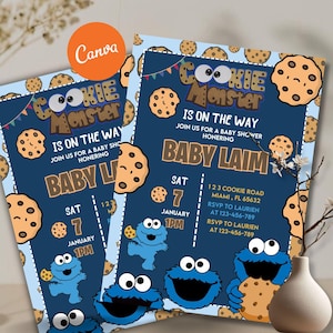 May include: Two baby shower invitations featuring the Cookie Monster. The invitations have a blue background with cookie and Cookie Monster illustrations. Text includes "Cookie Monster is on the way" and event details.