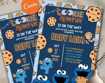 Plantilla de invitación para baby shower de Monstruo Comegalletas (5x7), invitación editable con temática de Barrio Sésamo, descarga digital para baby shower de niño azul.