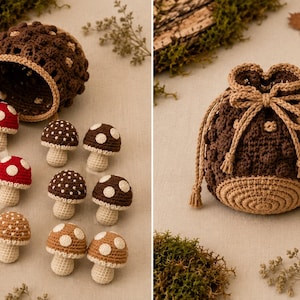 May include: A dark brown crocheted drawstring pouch with a tan base and trim, accompanied by ten small crocheted mushrooms in red, brown, and tan with white spots. The pouch features a textured bobble stitch pattern and a matching drawstring cord.