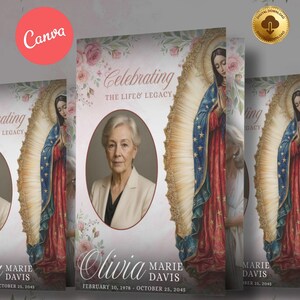 May include: A memorial card design featuring a portrait of a woman, surrounded by floral accents and religious imagery. The text reads "Celebrating The Life & Legacy" and includes the name "Olivia Marie Davis" with birth and death dates.