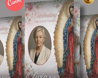 Plantilla de programa funerario floral de la Virgen María Amorosa, obituario plegable de 8 páginas (43 x 28 cm), Canva conmemorativo en memoria amorosa, invitación a funeral católico