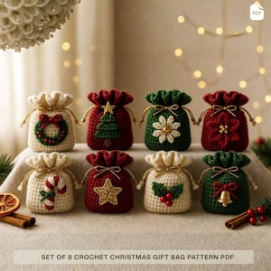 May include: A set of eight small crochet gift bags featuring Christmas motifs including a wreath, tree, flower, poinsettia, candy cane, star, holly, and bell. Each bag is cinched with a gold string. Text reads: SET OF 8 CROCHET CHRISTMAS GIFT BAG PATTERN PDF.