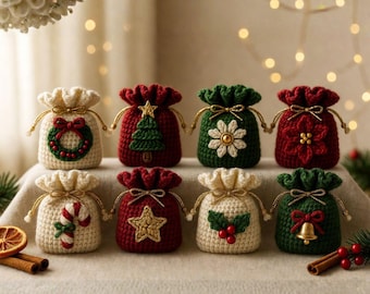 Crochet Christmas Gift Bag Pattern PDF | 8 Holiday Drawstring Gift Sacks | Wreath Tree Snowflake Candy Cane DIY Crochet Pattern