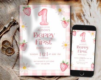 Invitación de primer cumpleaños con diseño de fresas rojas para una fiesta de primer cumpleaños, 5x7 pulgadas, editable en Canva.