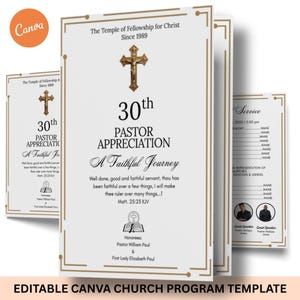 May include: A white church program template with gold detailing, designed for a 30th Pastor Appreciation event. The design includes a cross, event details, and the Canva logo.
