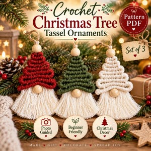 Puede incluir: Un conjunto de tres adornos de borlas de ganchillo con forma de árbol de Navidad en hilo rojo, verde y crema. Cada adorno tiene una cuenta de madera en la parte superior y central, con un lazo para colgar. El texto dice Crochet Christmas Tree Tassel Ornaments, Pattern PDF, Set of 3, Photo Guided, Beginner Friendly, Christmas Decor, Make, Gift, Decorate, Spread Joy.