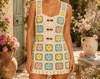 Granny Square Dress Crochet Pattern, Floral Crochet Mini Dress, Flower Patchwork Dress Pattern, Summer Crochet Dress PDF, Instant Download