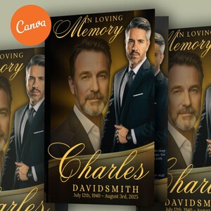May include: A memorial card design featuring a portrait of a man in a suit, with the text "In Loving Memory" and the name "Charles David Smith" with dates. The Canva logo is in the upper left corner.