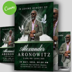 May include: A memorial card design featuring a man in a green suit, pink shirt, and sunglasses. The design includes the text "In Loving Memory Of" and the name "Alexander Aronowitz" with dates and service details. A Canva logo is in the upper left corner.