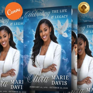 Könnte beinhalten: Ein digitales Gedenkdesign mit einem Porträt einer Frau in einem weißen Blazer, vor einem blauen Himmel mit Tauben. Der Text enthält "Celebrating The Life & Legacy", den Namen "Olivia Marie Davis" und Daten.