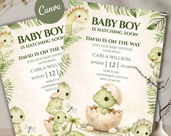 Invitación editable para baby shower con temática de dinosaurios para niño, plantilla para parejas con diseño de huevo de dinosaurio bebé, móvil, Evite Hsb