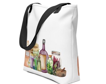 Witchy Apothecary Tote Bag | Herbal Potion Bottles, Cottagecore