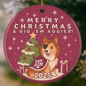 May include: A maroon Christmas ornament with the text "MERRY CHRISTMAS & GIG 'EM AGGIES!" features a cartoon dog wearing an eye patch and a cape with the "A&M" logo. A Christmas tree, gifts, and the year "2025" are also displayed.