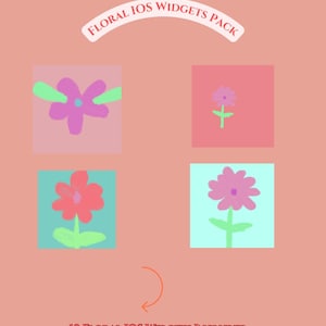 May include: A digital graphic set titled Floral iOS Widgets Pack featuring four square icons with hand-drawn style flowers in pink, red, and purple on pastel backgrounds. The text reads Floral iOS Widgets Pack and 10 Floral iOS Widgets Included.