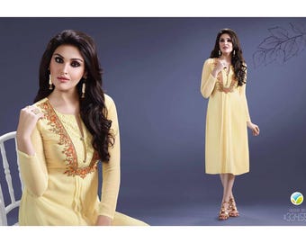 Women's Designer Embroidered Long Sleeve Kurti, Light Yellow Cotton Blend, (Large)