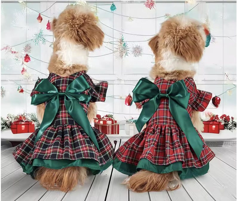 May include: Two dogs wearing matching red, black, and green plaid dresses with large green satin bows. The dresses have a flared skirt and a green satin trim. The dogs are positioned in front of a festive holiday backdrop.