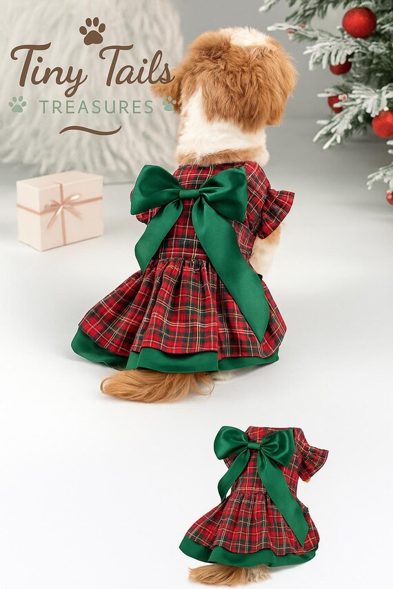 Plaid Christmas Dog Dress with Satin Bow Holiday Pet Outfit