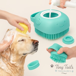 May include: A light yellow Labrador Retriever being bathed with a teal dog washing system. The system includes a brush, a shampoo dispenser, and a hand-held scrubber. The text "Tiny Tails Treasures" is in the lower right corner.