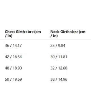 May include: A white chart with black text detailing pet clothing sizes. Measurements are provided in both centimeters and inches for back length, chest girth, and neck girth. Weight in grams and recommended pet weight in kilograms and pounds are also listed.