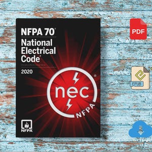 Könnte beinhalten: Buchcover für den NFPA 70 National Electrical Code 2020. Der schwarze Einband zeigt rote Strahlen, die von einem weißen Kreis mit den Buchstaben „nec“ und Blitzsymbolen ausgehen. Das NFPA-Logo befindet sich unten links.