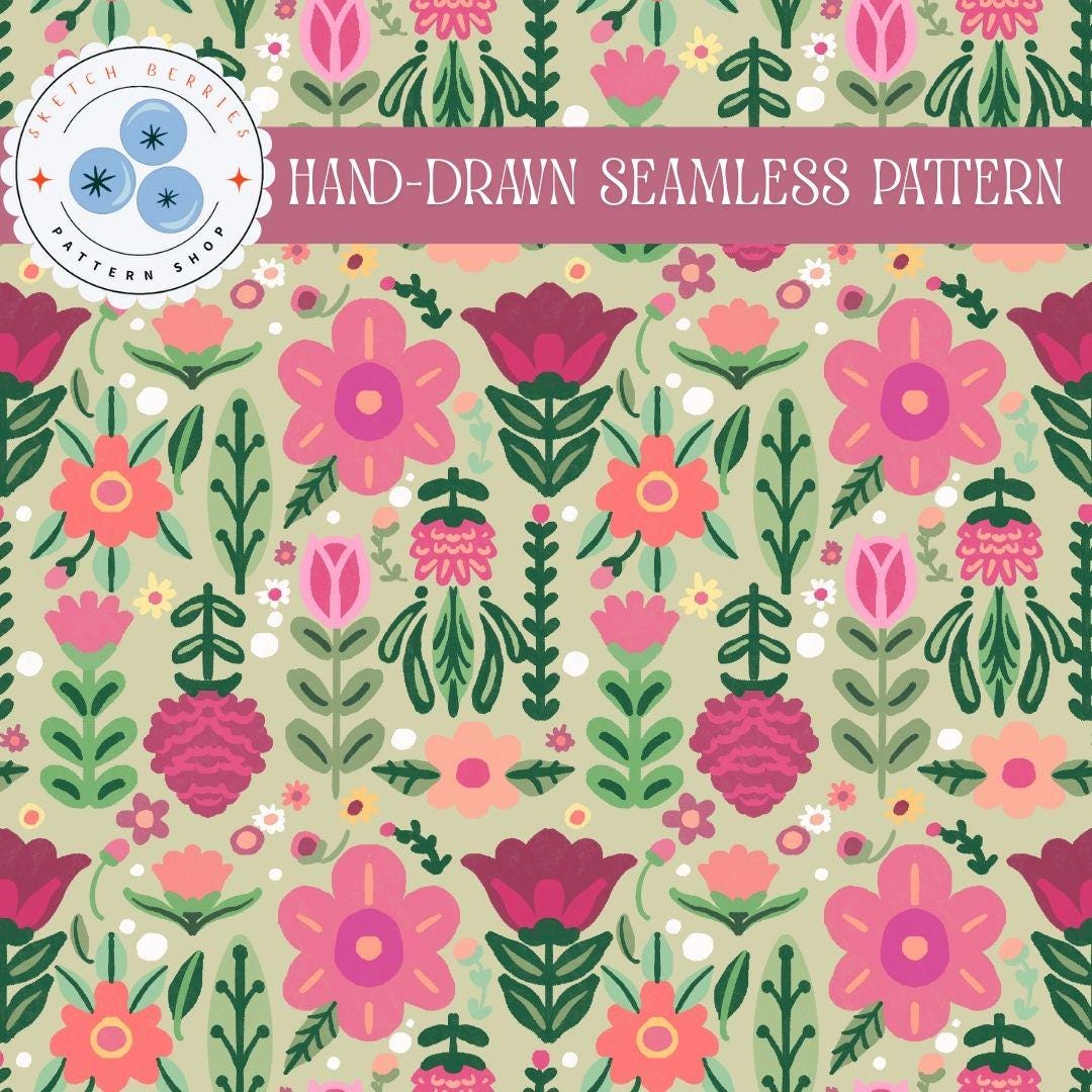 Floral Seamless Pattern | Pink and Green Fabric Design (12"x12" Digital ...