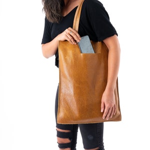 Leather tote with invisible pockets minimalist/ full grain leather handmade tote 6 colors