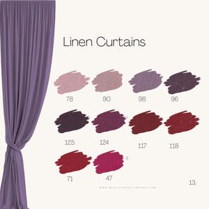 May include: A display of linen curtain fabric swatches in various shades of purple, red, and pink. The image includes a full curtain panel in a lavender color, tied to the side. The text "Linen Curtains" is displayed at the top.