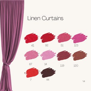 Puede incluir: Una cortina de lino rosa polvoriento está atada a un lado. La imagen muestra una paleta de colores de muestras de cortinas de lino en varios tonos de rojo, rosa y marrón. Se muestra el texto "Linen Curtains".