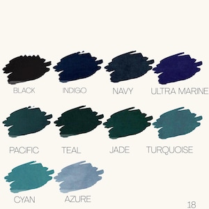 May include: A colour palette displaying eleven paint swatches in shades of blue, green, and black. Each swatch is labelled with its colour name, including Black, Indigo, Navy, Ultra Marine, Pacific, Teal, Jade, Turquoise, Cyan, and Azure.