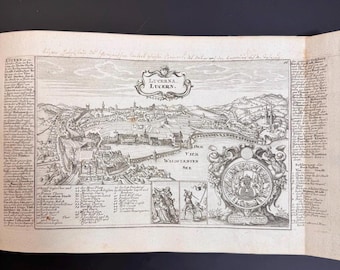 Mapa de Lucerna, Suiza, de 1720, por Gabriel Bodenehr. Grabado original en cobre, vista aérea. Incluye traducción al inglés.
