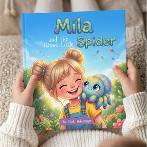 Pode incluir: Um livro infantil de capa dura intitulado Mila and the Brave Little Spider: The Park Adventure. A capa mostra uma criança sorridente com cabelo loiro em coques e uma aranha azul com detalhes roxos em um parque com pipas no céu.