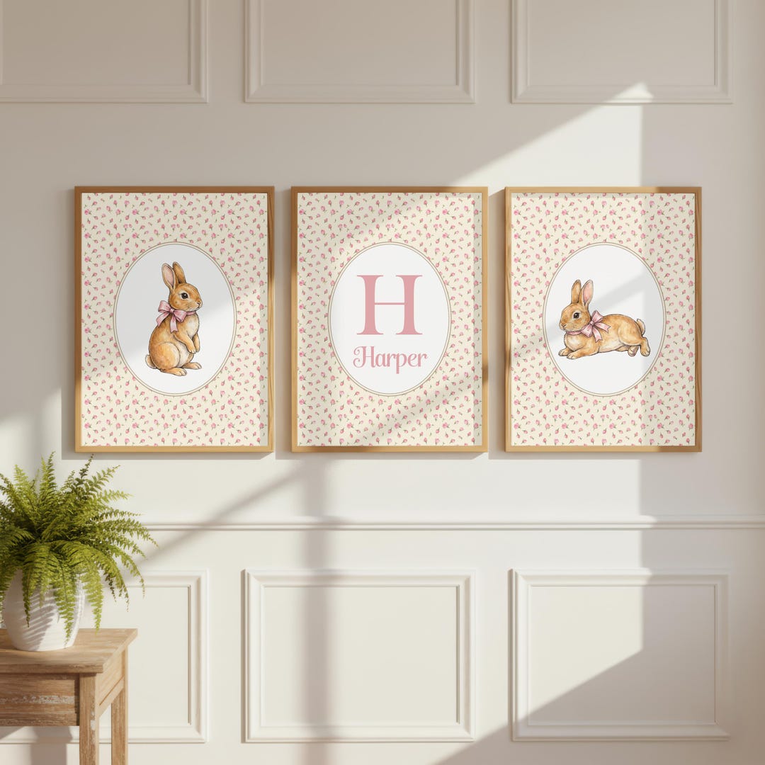 Personalized Bunny Nursery Art, Custom Name Floral Girl Decor (digital ...
