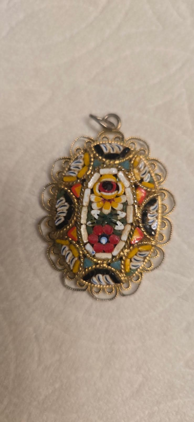 Vintage Italian Micro Mosaic Floral & Filigree Pendant