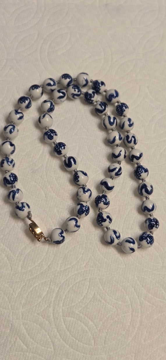 Vintage 1950s Chinese Porcelain Beaded Necklace, Hand Knotted Shou Longevity Design