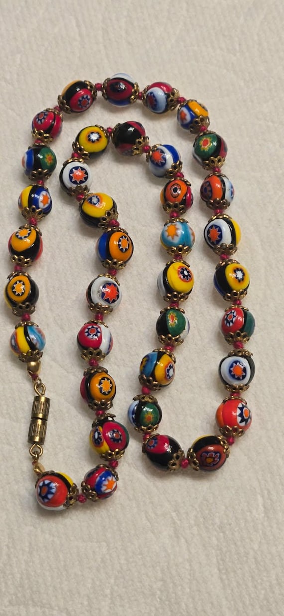 1950s Venetian Millefiori Murano Colorful Hand Knotted Glass Beaded Necklace